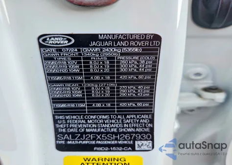 2025 Land Rover Range Rover Evoque S z USA, uszkodzony, nr VIN SALZJ2FX5SH267930